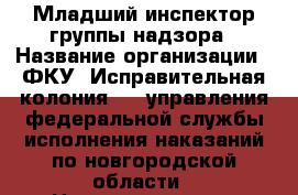 Младший инспектор группы надзора › Название организации ­ ФКУ "Исправительная колония № 9 управления федеральной службы исполнения наказаний по новгородской области", Некоммерческая организация › Отрасль предприятия ­ Другое › Минимальный оклад ­ 25 000 - Все города Работа » Вакансии   . Мордовия респ.